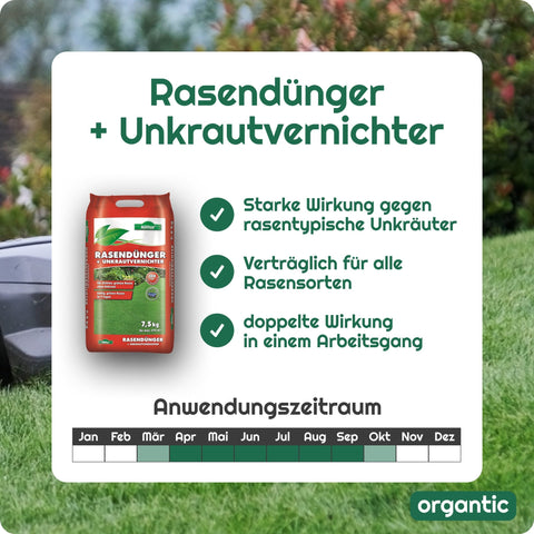 Rasendünger mit Unkrautvernichter für 375 m² + Gratis Probe Sommerdünger pro Bestellung - organtic.com - Rasen, Pflanzen, Interior und mehr